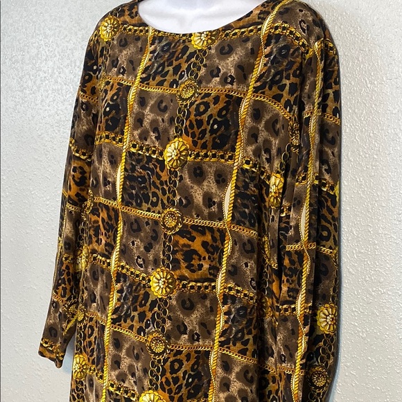 VNTG Patrick 100% Silk Animal Print Black and Gold Sheath Dress Long Sleeves - Picture 3 of 7